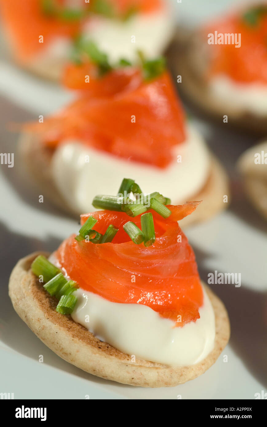 Smoked Salmon Cream Cheese And Spring Onion Canapes Stock Photo