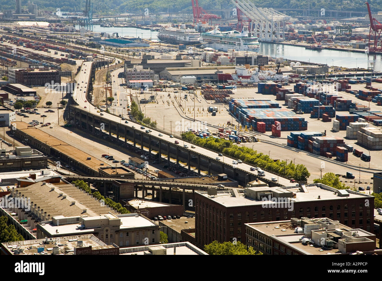 Alaskan Way elevated highway 99 through downtown city near the docks