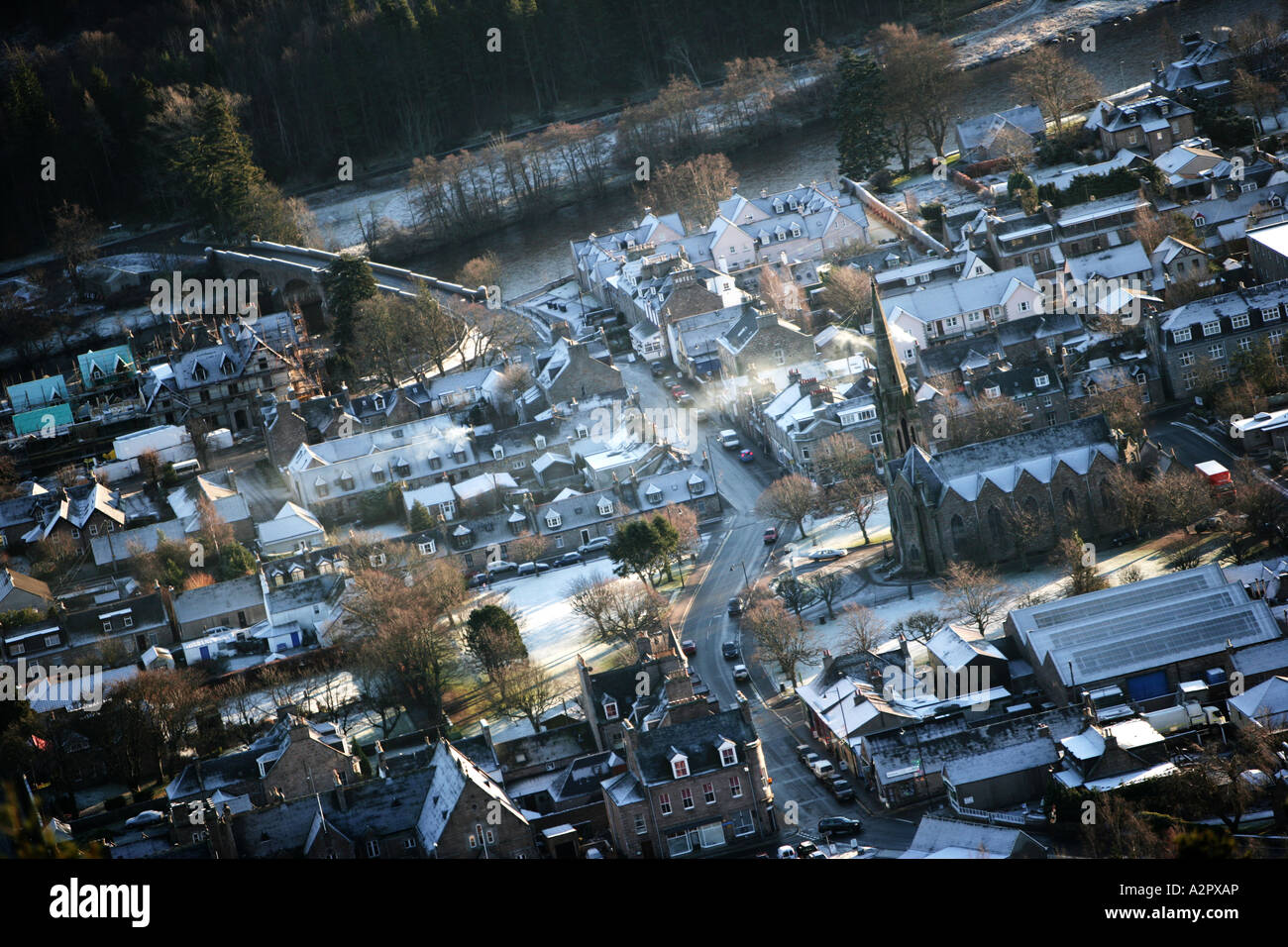 An aerial view image of Ballater, Royal Deeside, Scotland in winter. Stock Photo