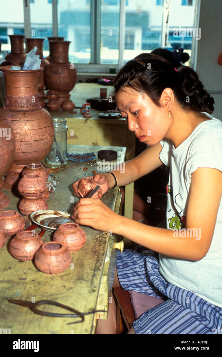 Copper wire put on bowl Cloisonne factory Beijing People s Republic of China Stock Photo