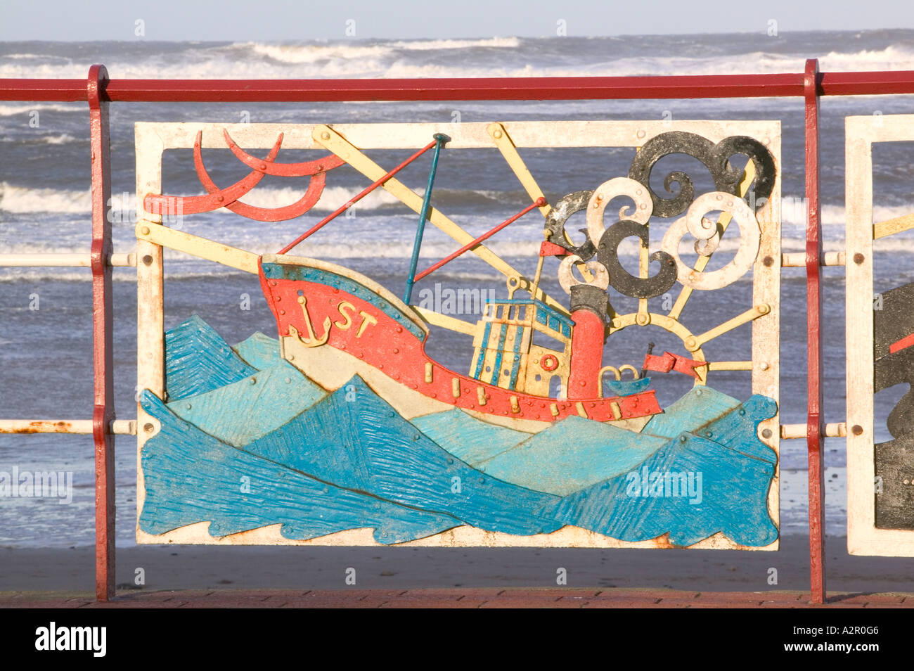 seaside railings at Redcar, North East england, depicting the areas ...