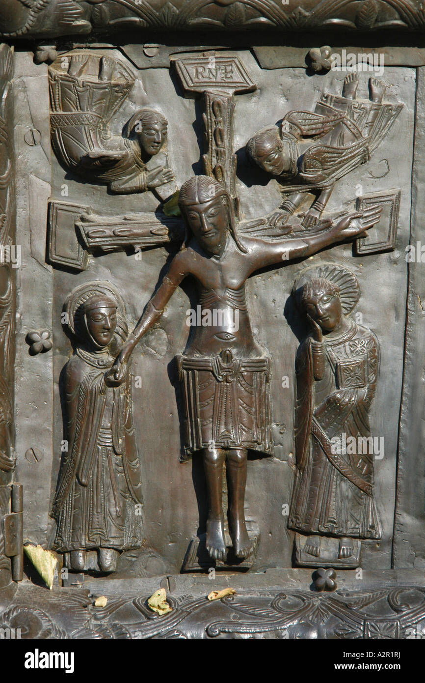 The Crucifixion of Jesus Christ. Detail of the Magdeburg (Sigtuna) Gate of Sophia Cathedral in Novgorod, Russia Stock Photo