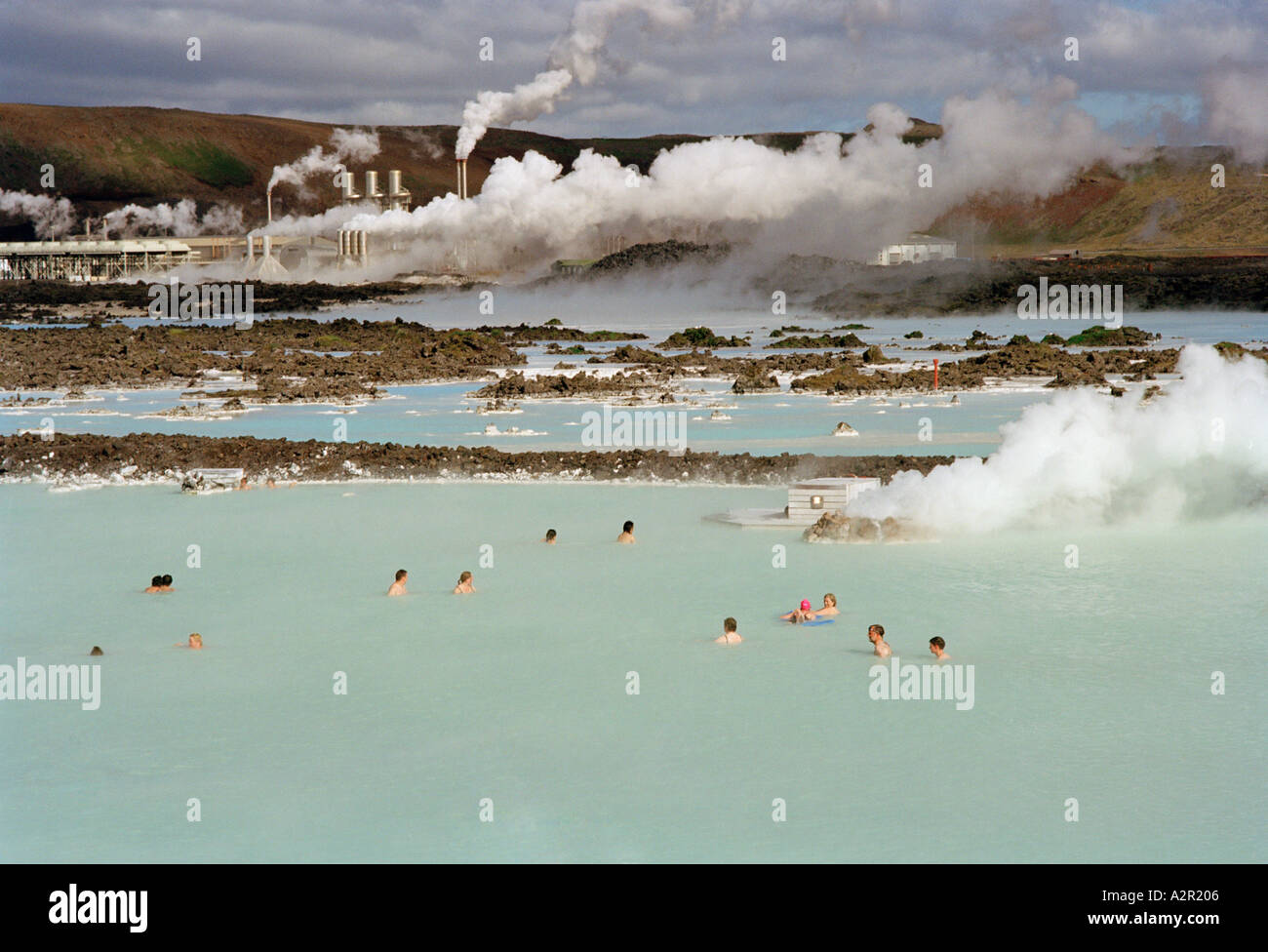 Bathers in the Hot Springs of the Blue Lagoon on the outskirts of Reykjavik, Iceland Stock Photo
