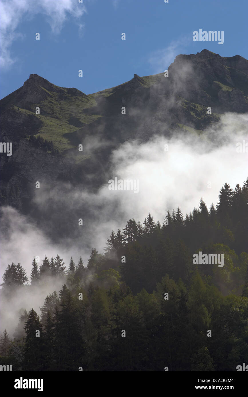 A cloudy view in Lauterbrunnen village valley Bernese Oberland, Switzerland Stock Photo