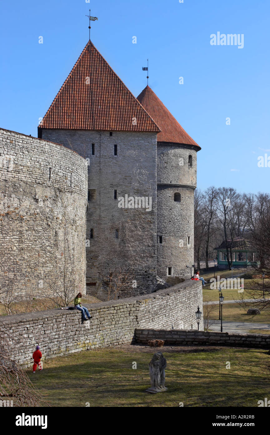 Cannon tower Kiek in de Kok (Peep into the Kitchen) and Megedi towers city walls, Tallinn, Estonia Stock Photo