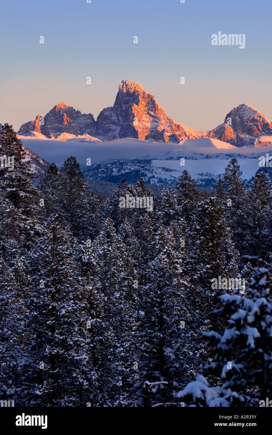 Idaho Driggs A colorful sunset on the majestic Teton Mountains in winter Stock Photo