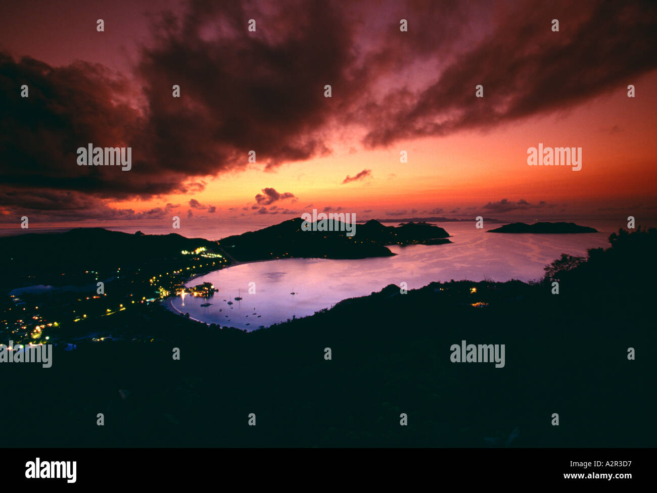 St Barts Villa at the Top view of Eden Rock Hotel and airport at dusk Stock Photo