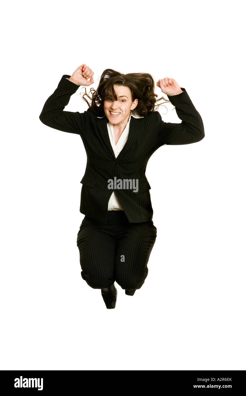 business woman jumping high in the air to celebrate success Stock Photo ...