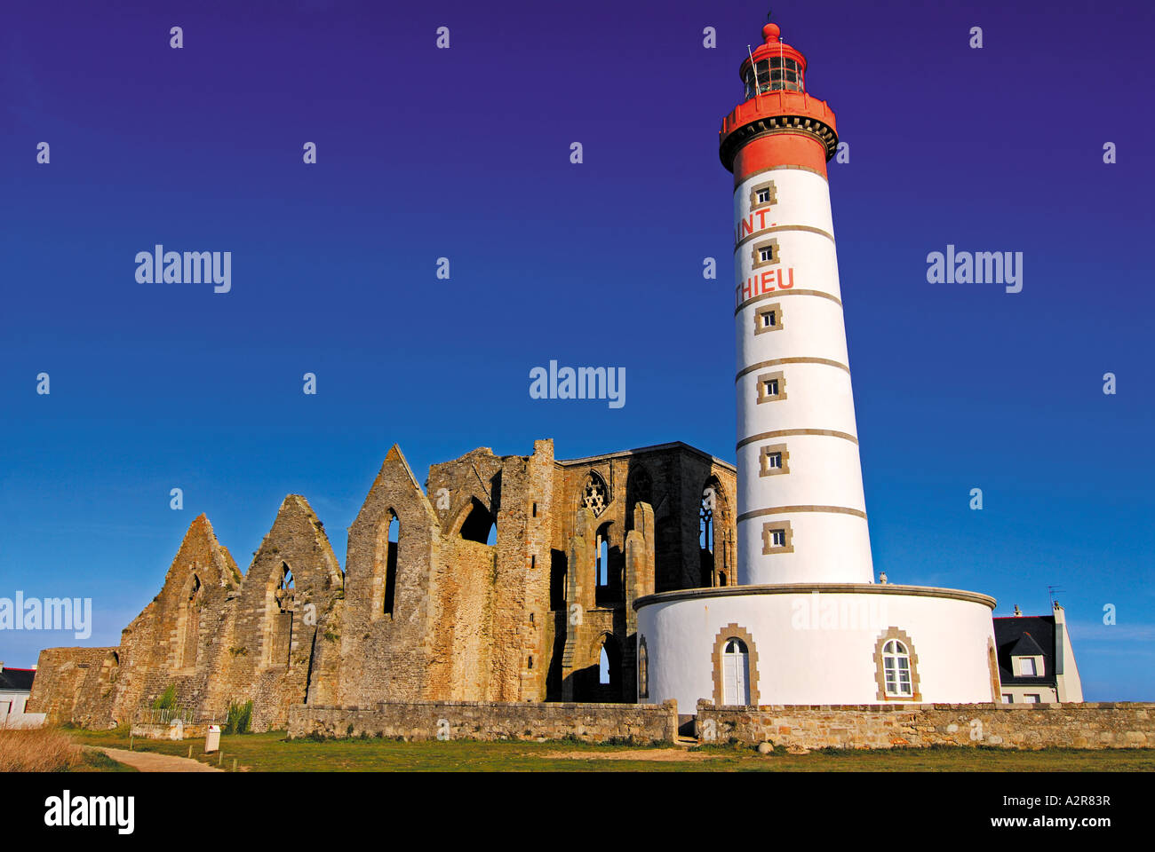 Monastary ruins and lighthouse of St. Mathiew, Point St. Mathieu, Finistére, Brittany, France Stock Photo