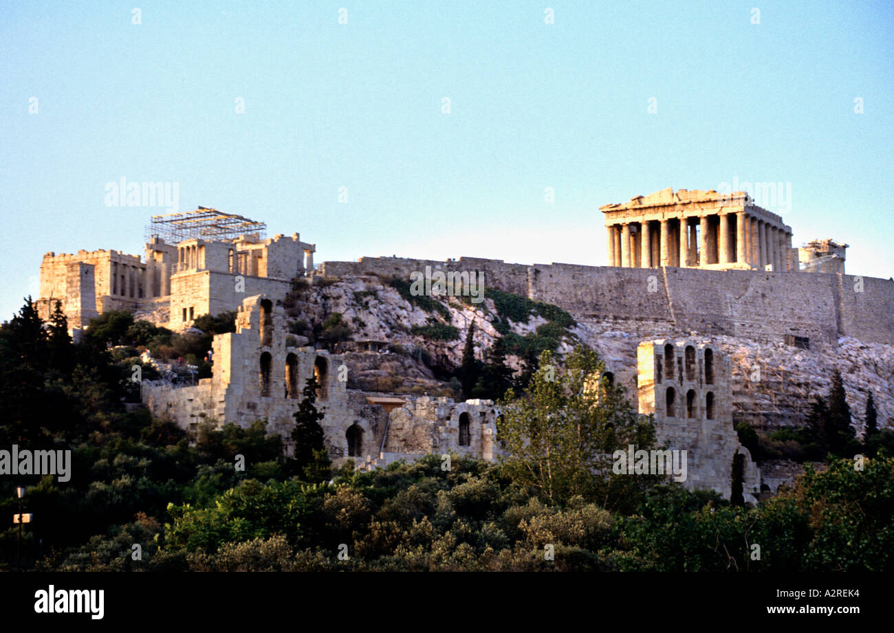 The Parthenon is a temple of the Greek goddess Athena, built in the 5th century BC on the Athenian Acropolis Stock Photo