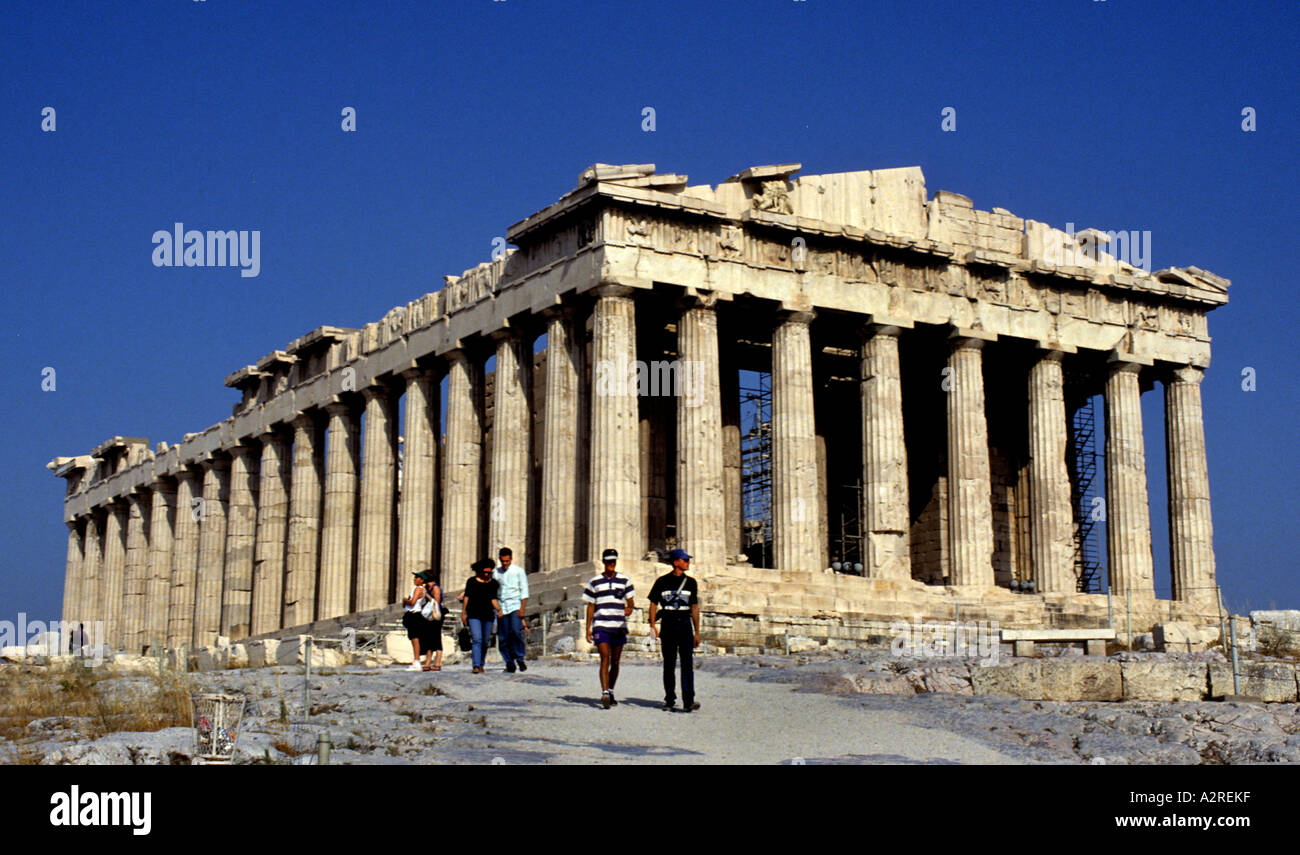 The Parthenon is a temple of the Greek goddess Athena, built in the 5th century BC on the Athenian Acropolis Stock Photo