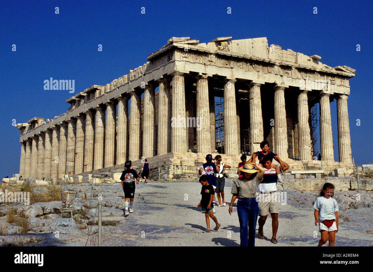 The Parthenon is a temple of the Greek goddess Athena, built in the 5th century BC on the Athenian Acropolis Stock Photo