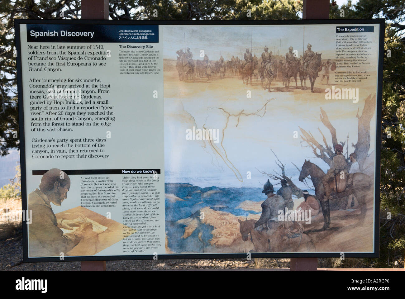 Historical sign about soldiers from the Spaniard Francisco Vasquez de Coronado expedition discovering the Grand Canyon Stock Photo