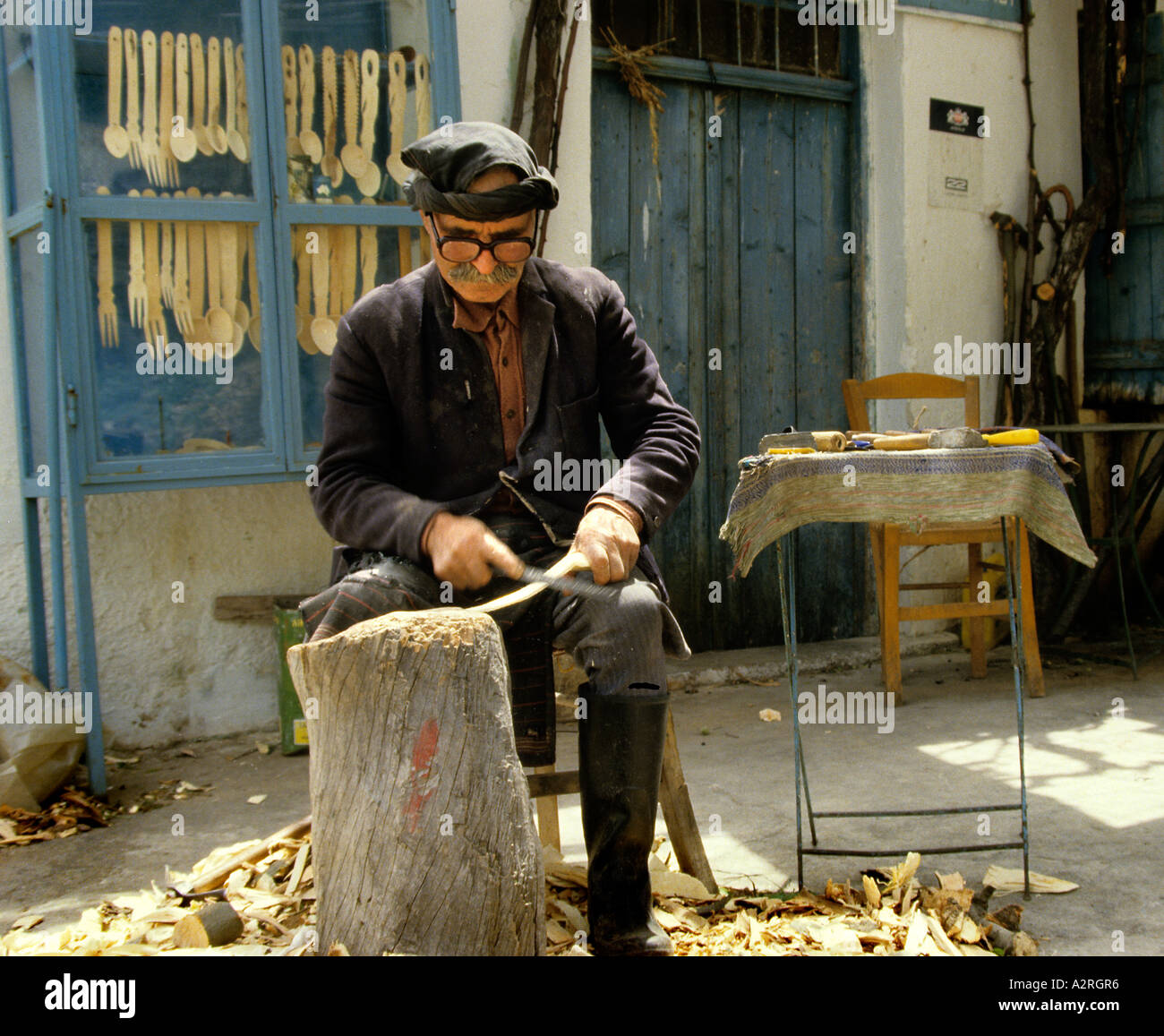 Greece wood cutter wood carver spoon old man Peloponnese Greek Stock