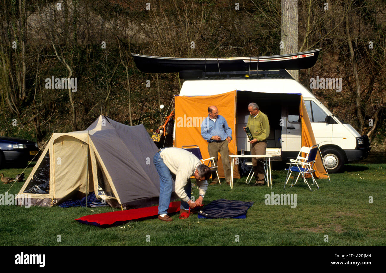 camping camper old man Belgium Belgian Ardennes Stock Photo