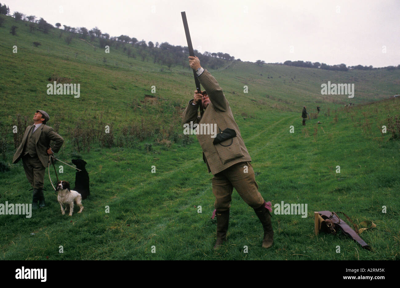 Partridge Shoot group men dressed in traditional shooting country clothes. Private shooting estate, Gurston Down, Wiltshire UK 2000s HOMER SYKES Stock Photo