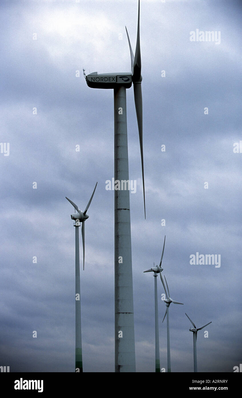 Wind turbines at Lichtenau-Asseln windpark, North Rhine Westphalia Germany, Europes largest inland wind farm. Stock Photo