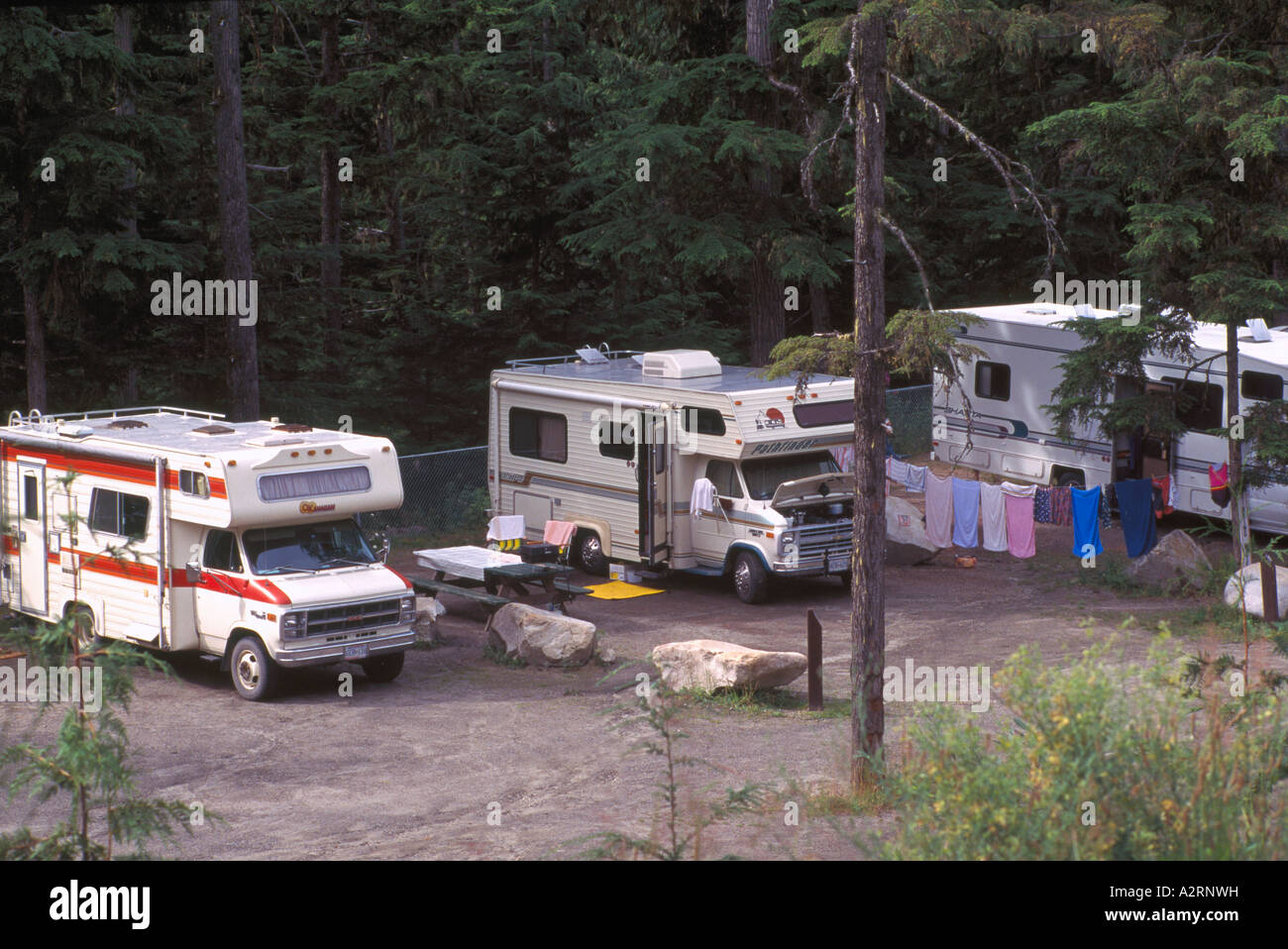 RV Recreational Vehicle Campers camping in a Campground at Nakusp Hot