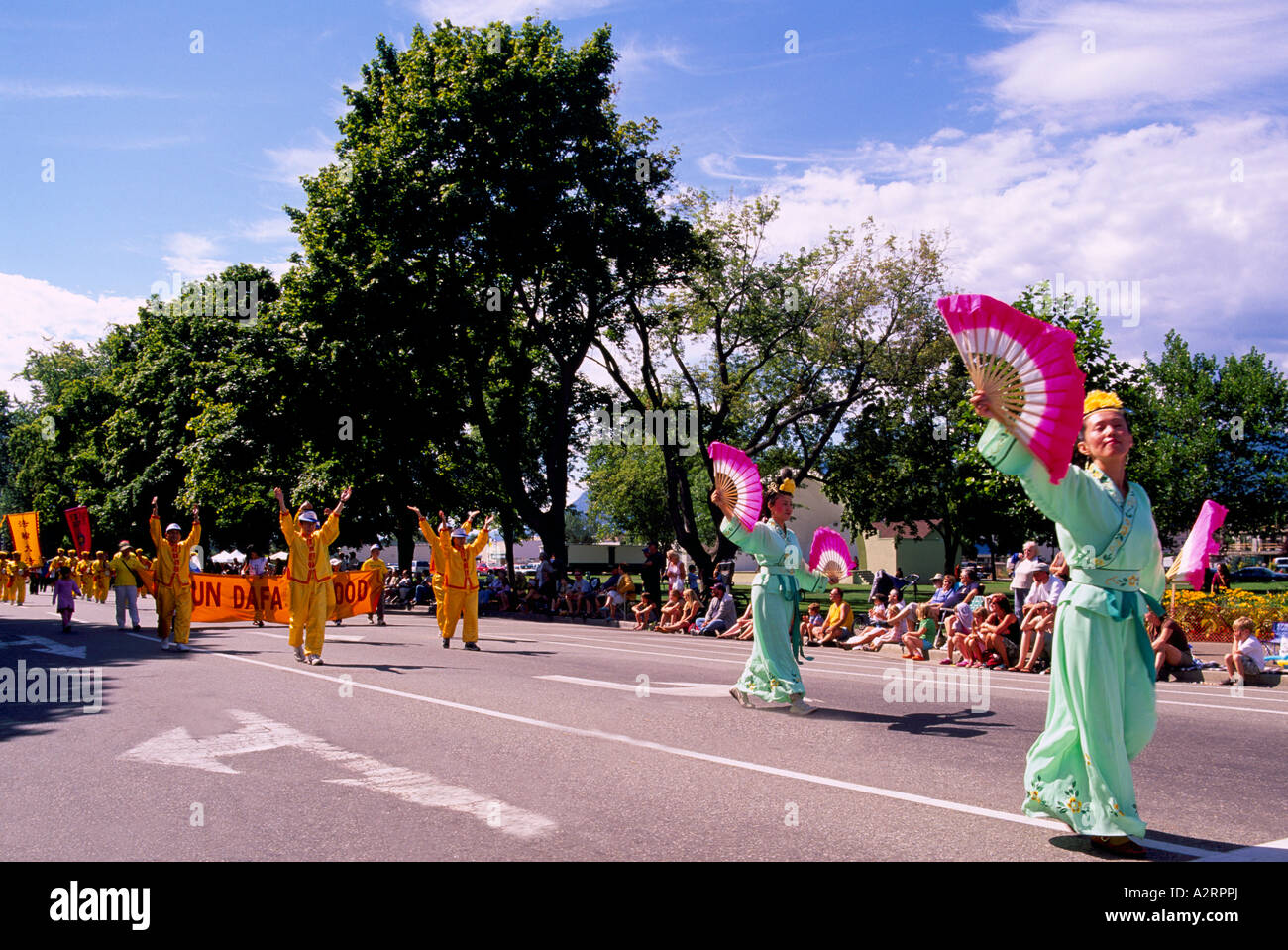 Falun Gong aka Falun Dafa Dancers in Traditional Costume dancing in