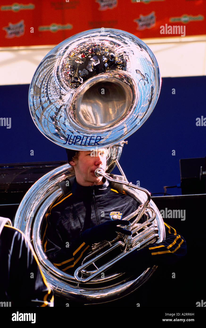 A Young Man playing a Sousaphone or Tuba Stock Photo