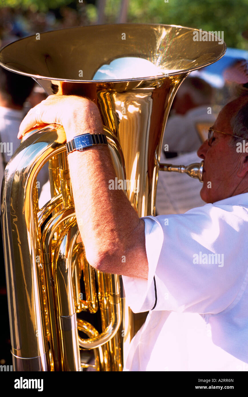 A Senior Man playing a Tuba in a Band Stock Photo