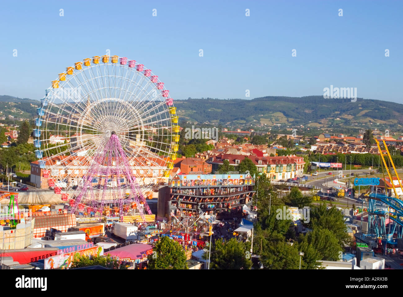 Fair with attractions in the Semana Negra cultural festival, featuring