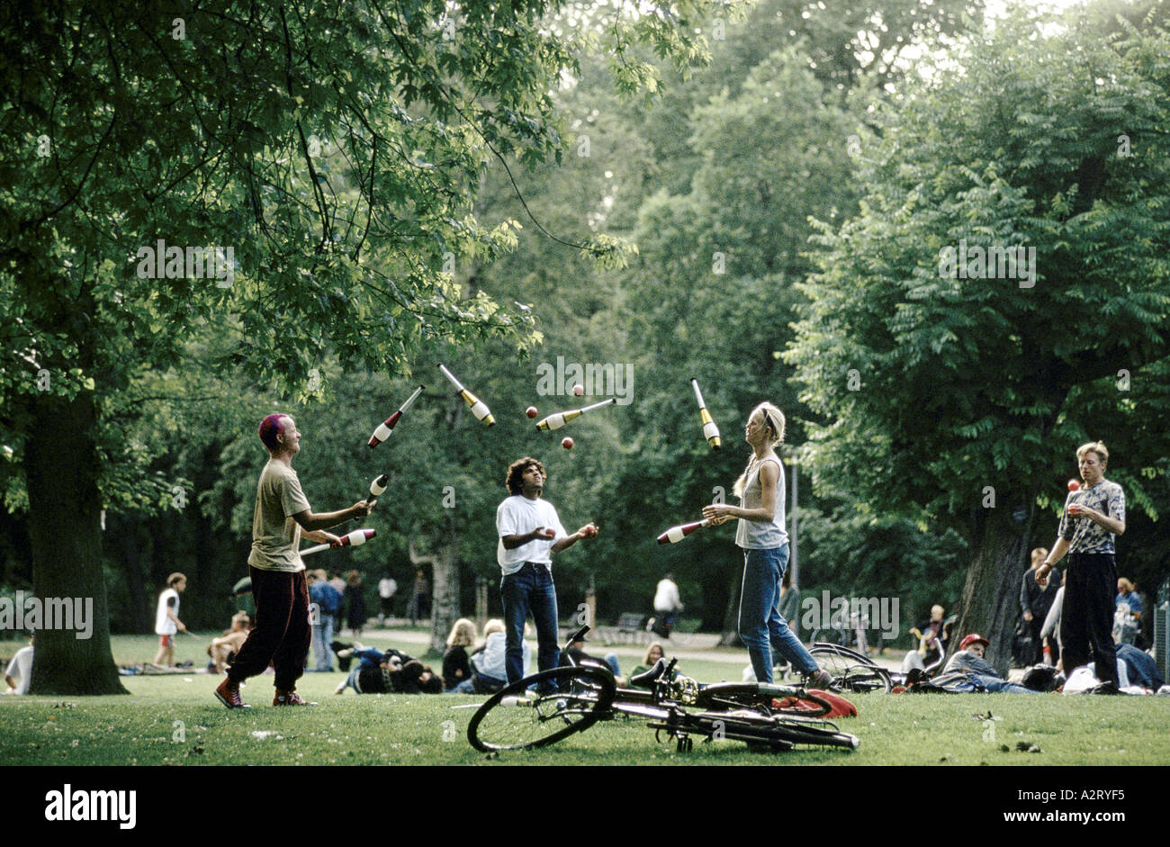 amsterdam young people juggling batons and balls in vondel park amsterdam Stock Photo