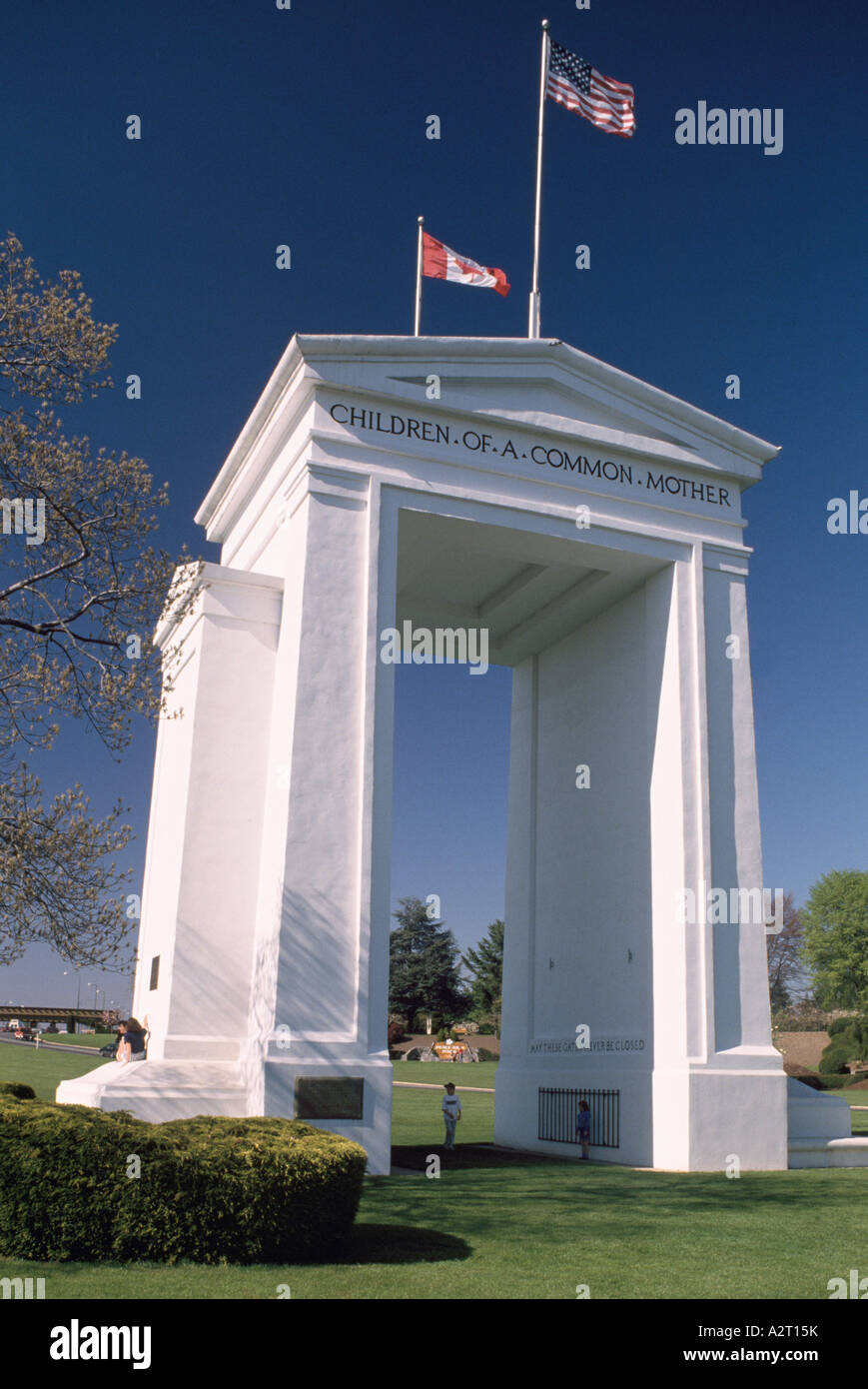 Peace Arch at United States and Canada International Border - Blaine, Washington State, USA and Surrey, BC, British Columbia Stock Photo