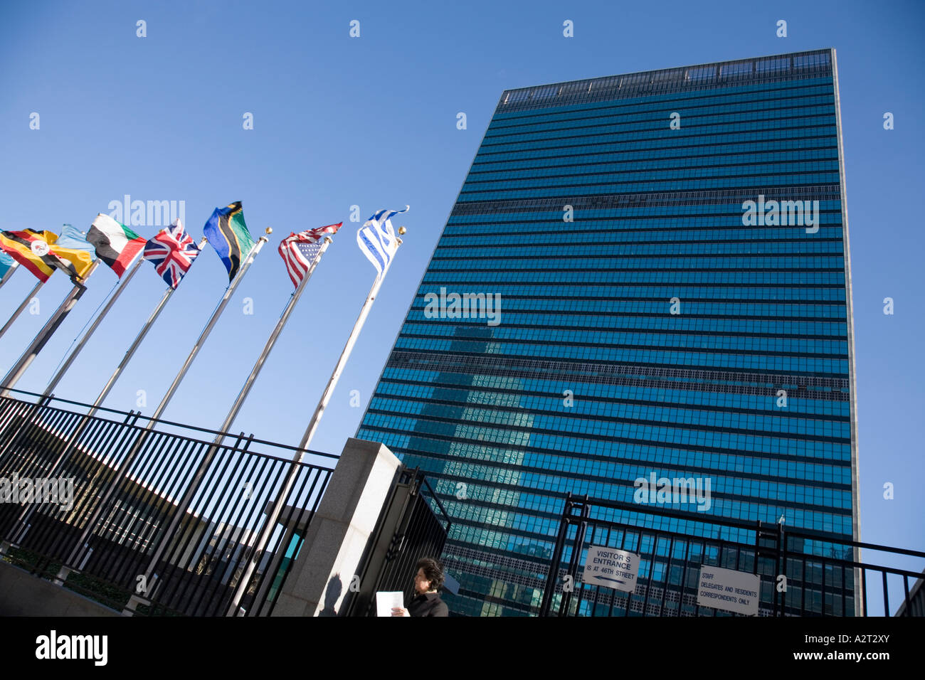 United Nations building with members' flags New York City USA Stock Photo