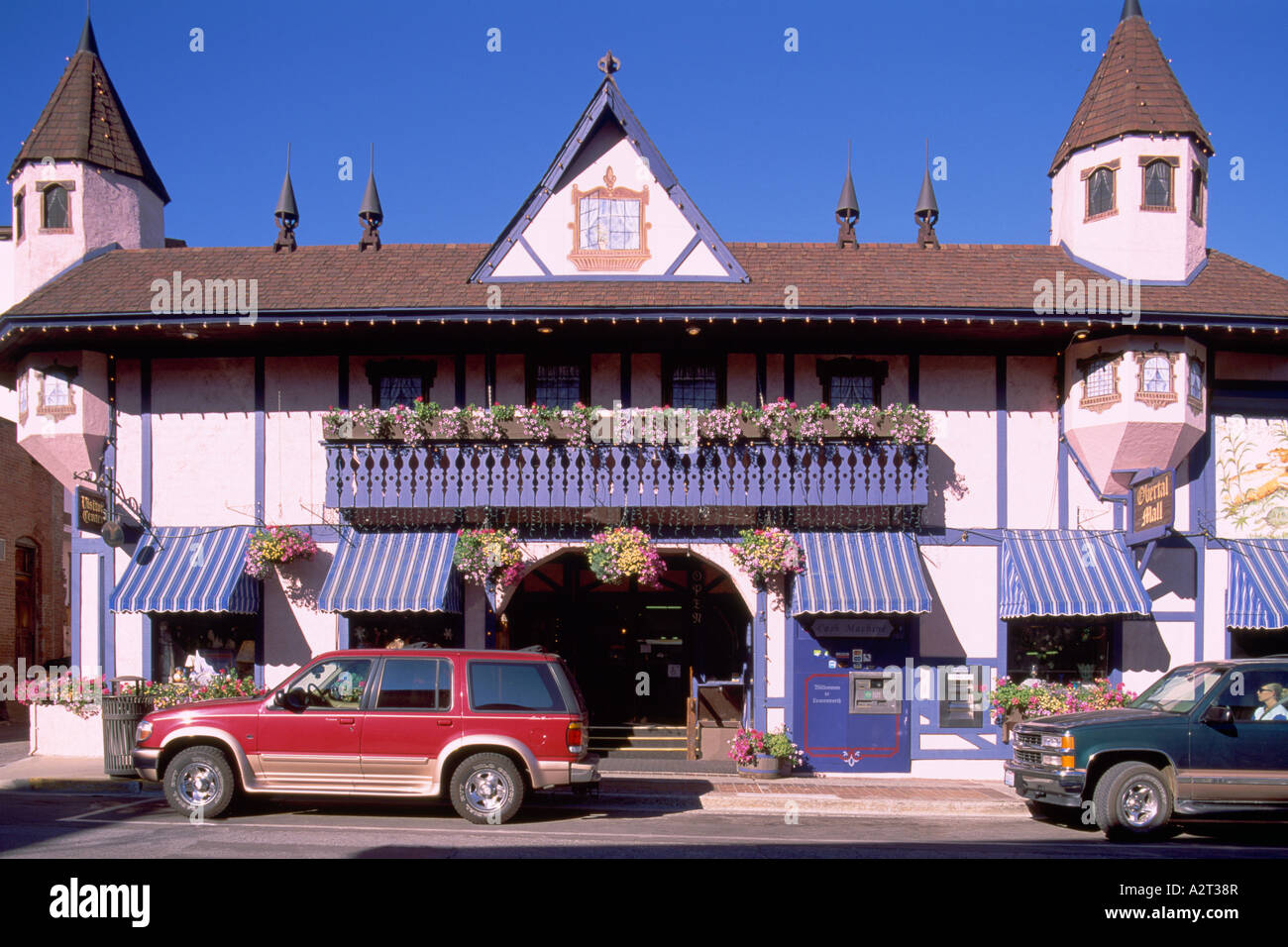Leavenworth, WA, Washington State, USA - Bavarian Village, Obertal Mall, Downtown Shops, Front Exterior Building Facade, Summer Stock Photo