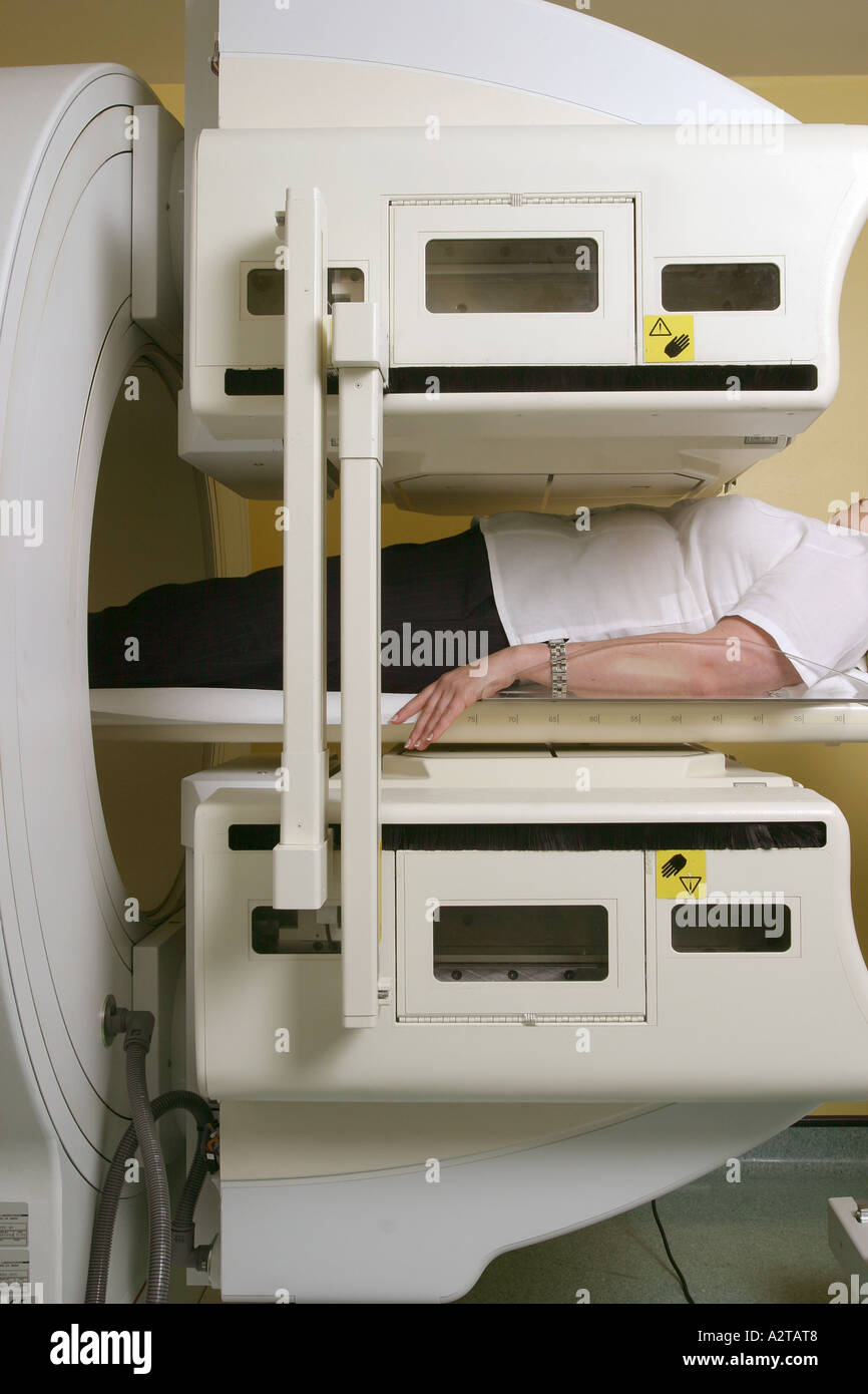 A female patient undergoing a computerised tomography (CT) scan at the Royal Brompton hospital, London, 2005. Stock Photo
