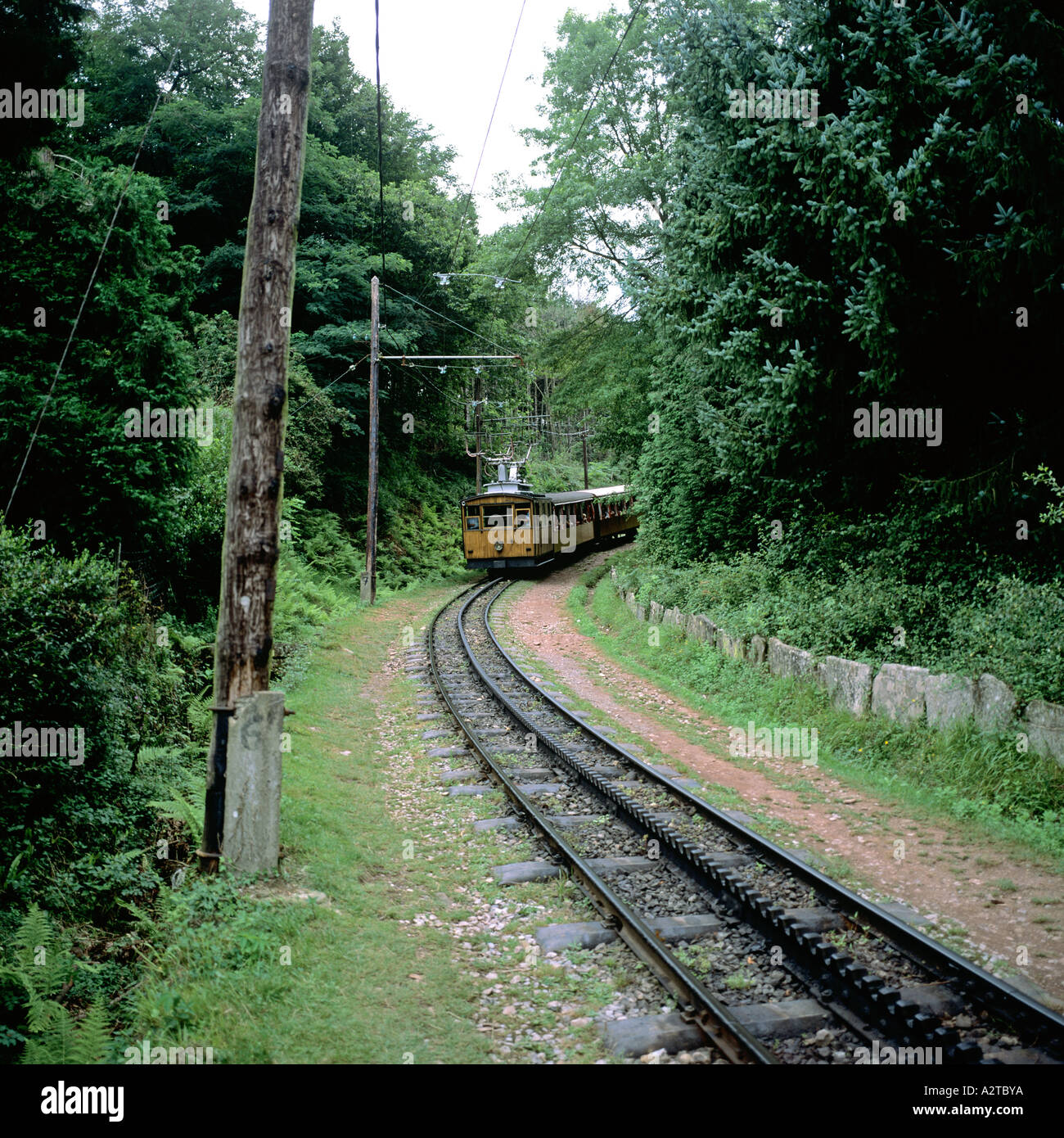 LA RHUNE RACK RAILWAY WOODEN TRAIN BUILT 1914 IN FOREST BASQUE COUNTRY FRANCE EUROPE Stock Photo