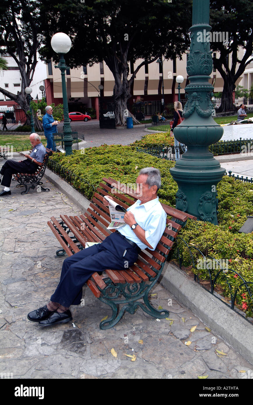 Man sitting on a bench and reading a newspaper Stock Photo - Alamy