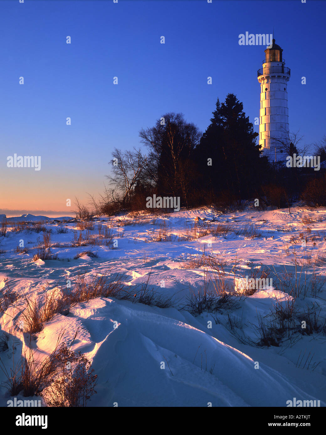 Cana Island Lighthouse on Cana Island at Lake Michigan in winter at