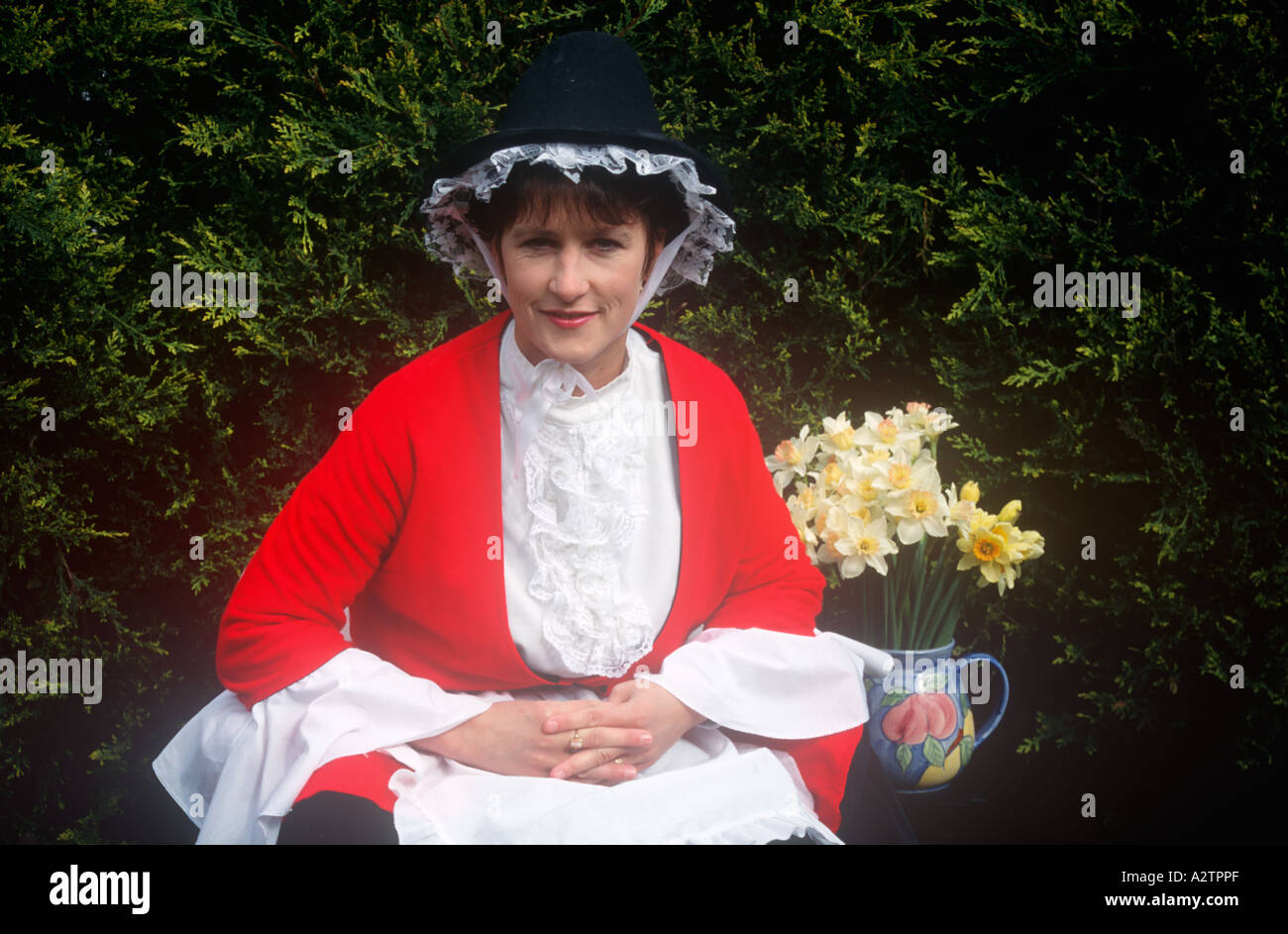 Woman in Welsh National Costume with Daffodils Welsh Culture Wales