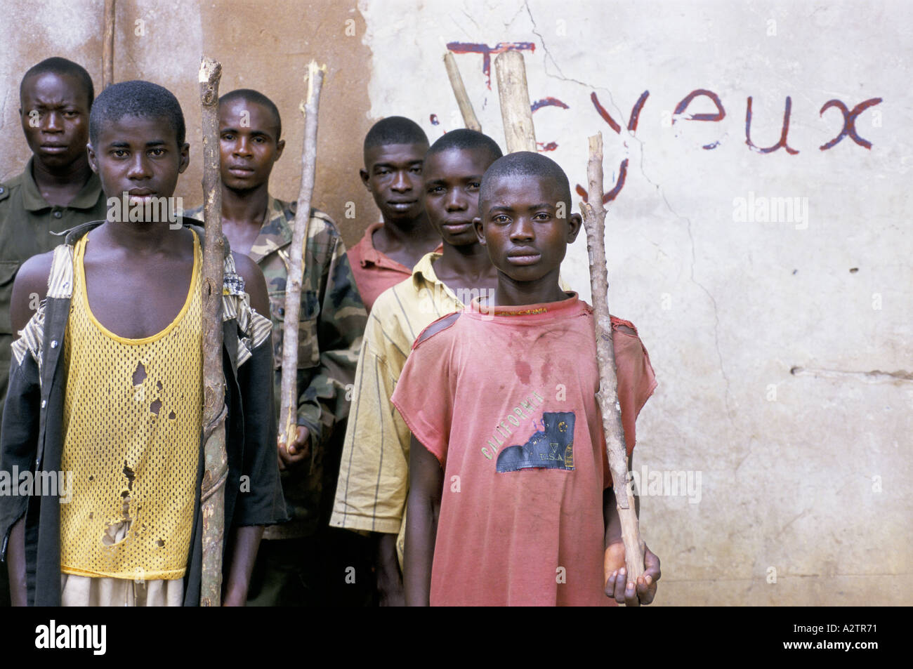 Congo ,new rebel recruits with sticks in place of guns Lisala 1999 Stock Photo