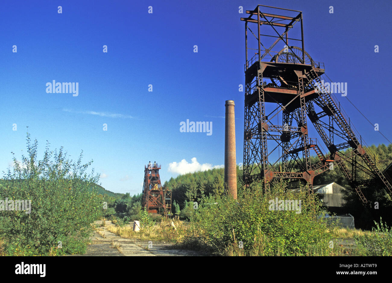 disused winding gear derelict coal mine south wales uk great britain Stock Photo