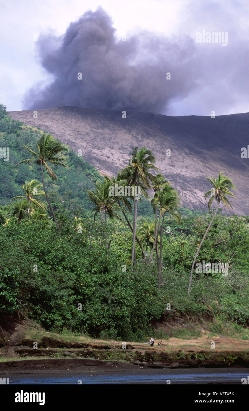 Mount Yasur volcano erupting in the daytime from Sulphur Bay, Tanna Island, Vanuatu, South Pacific Stock Photo