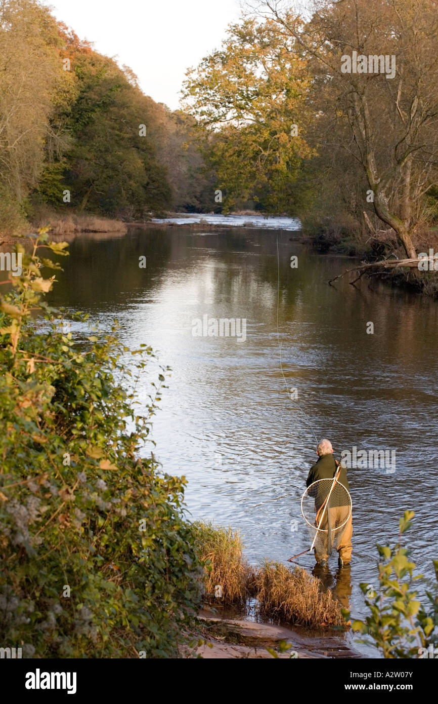 Fly fishing on the River Usk at the Gliffaes Country House Hotel, Brecon Beacons, Wales Stock Photo