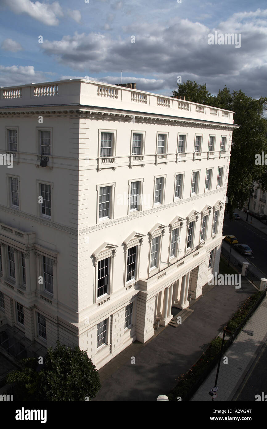 High level view of Stucco Victorian terraced house building in Belgrave Square Belgravia London SW1 England Stock Photo