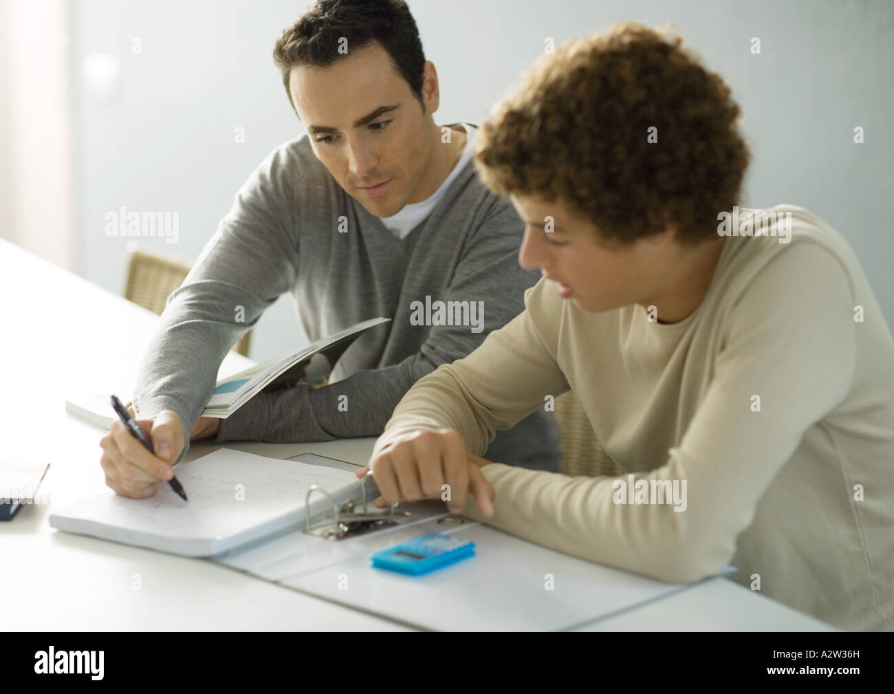 Father helping teenage son with homework Stock Photo