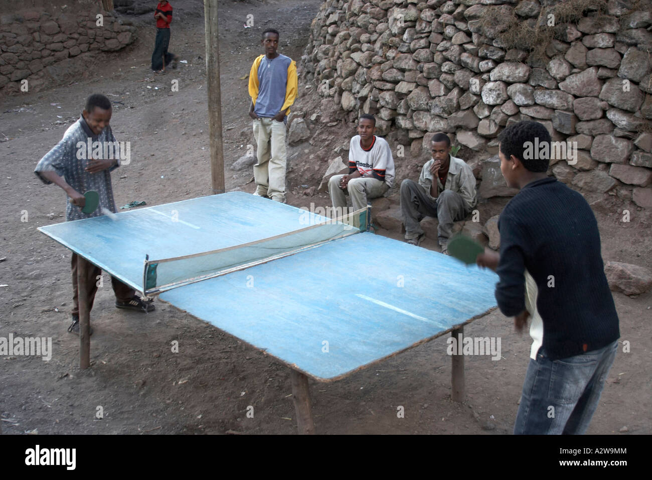 Children or men playing pingpong or table tennis in Lalibela Ethiopia