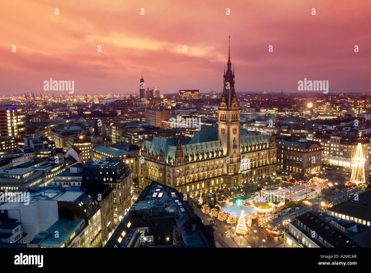 illuminated city hall with historical christmas market Hamburg Deutschland Europa Stock Photo
