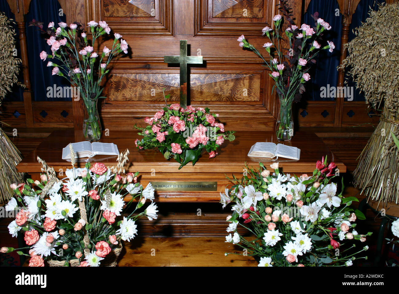 Harvest decorations in a church. Stock Photo