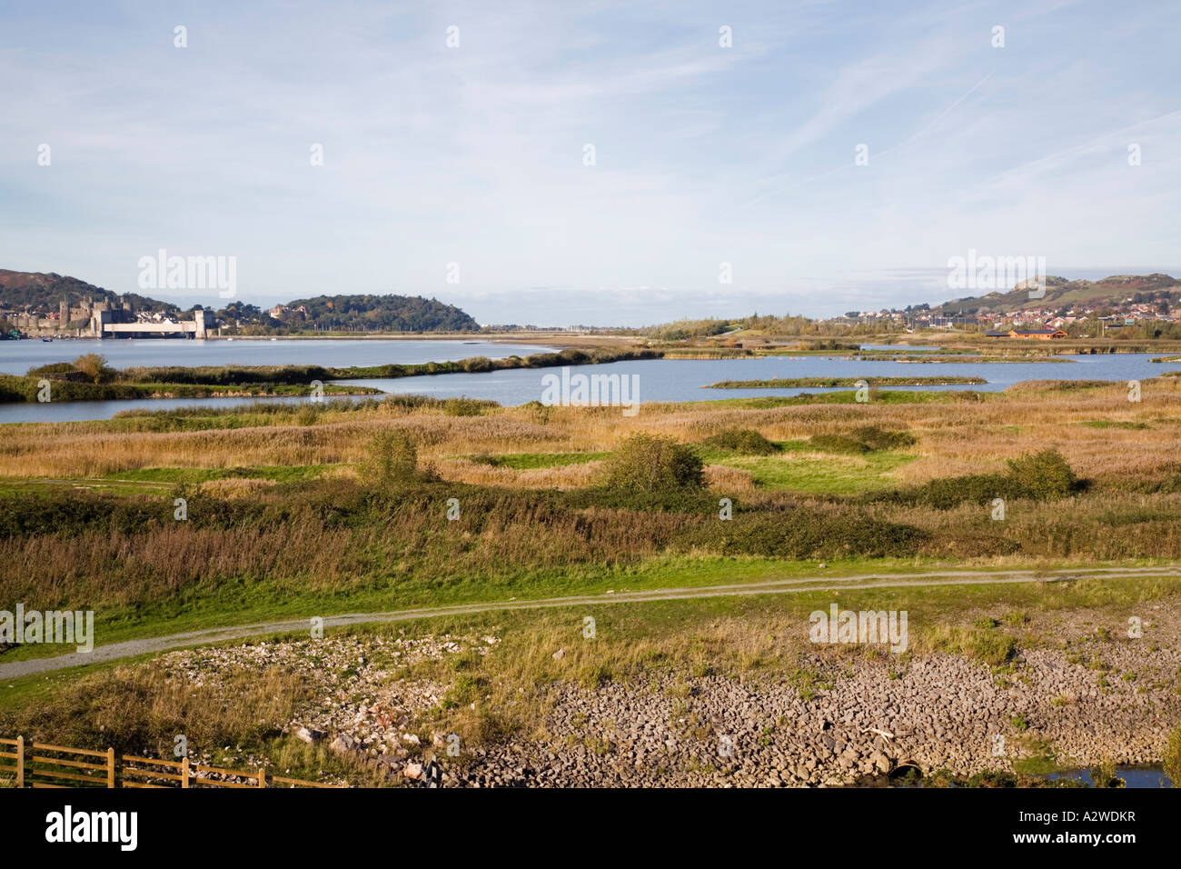 Conwy RSPB Reserve coastal lagoons grassland habitat beside Conwy River estuary Llansanffraid Conwy North Wales UK Stock Photo