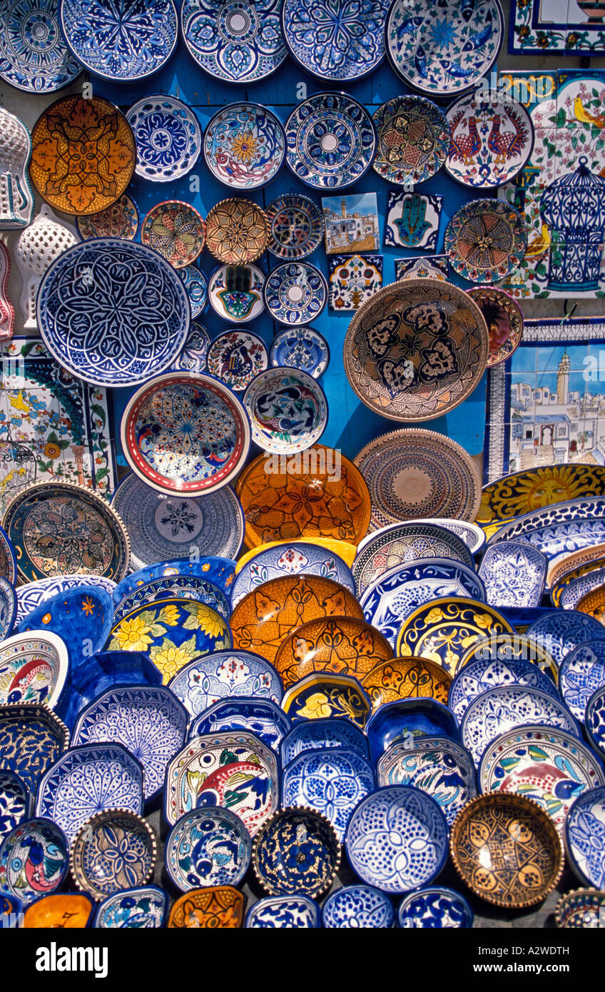 Tunisia Sidi Bou Said handpainted decorative plates Stock Photo