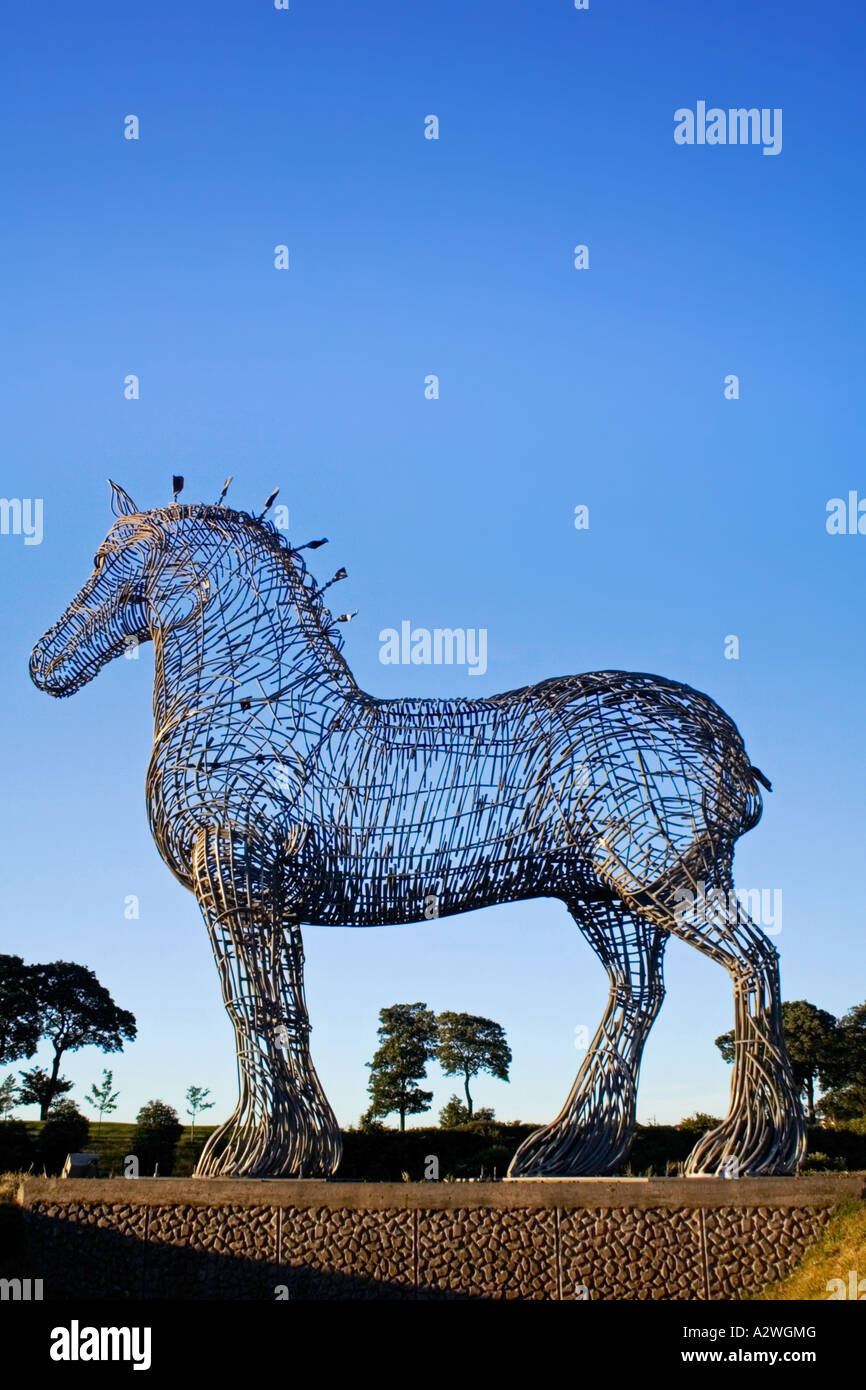 Andy Scott's magnificent Sculpture of a Clydesdale horse entitled Heavy Horse Glasgow next to the M8 motorway, Scotland. Stock Photo