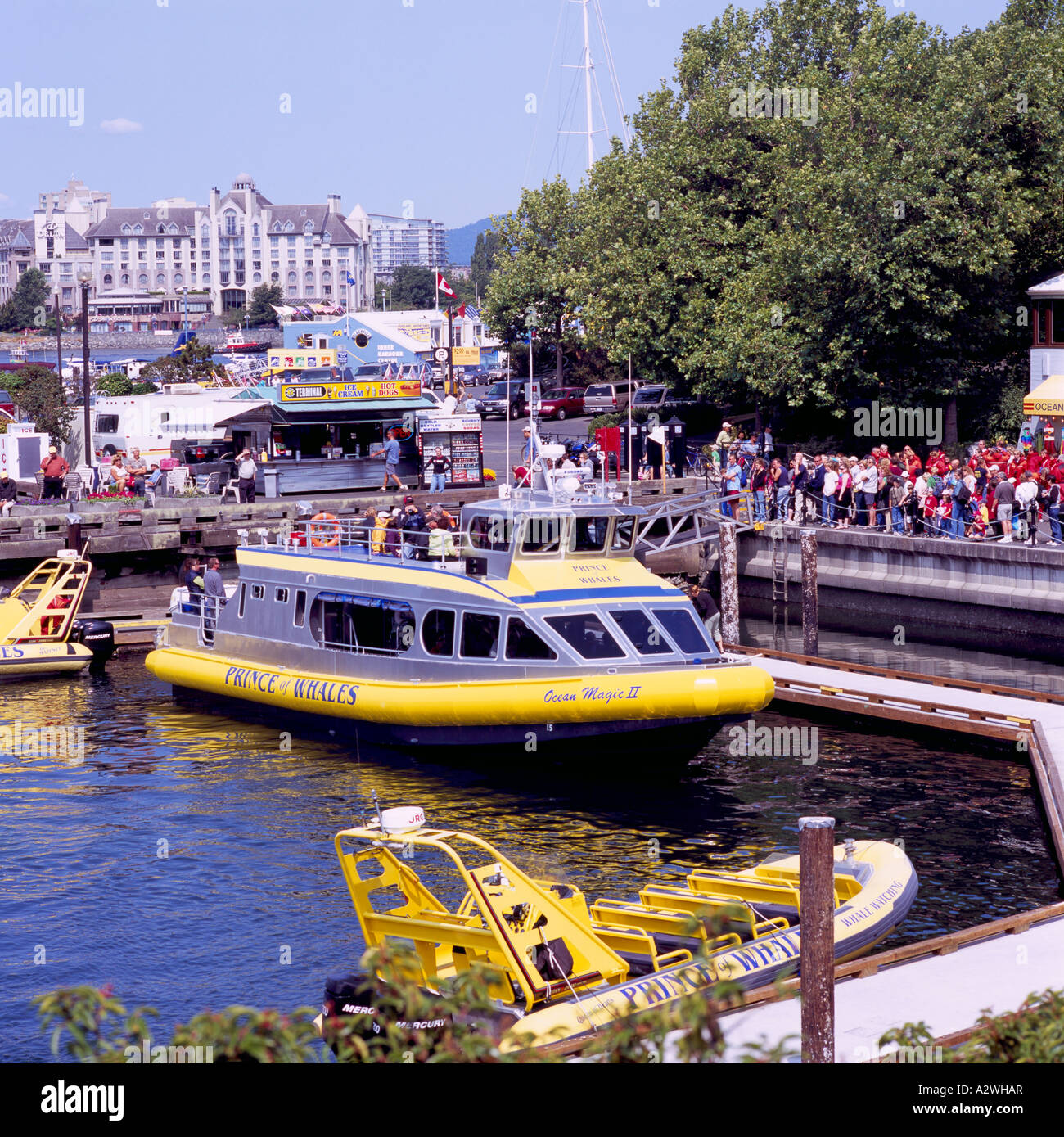 Tourists waiting to board Whale Watching Boat docked in Inner Harbour, Victoria, BC, Vancouver Island, British Columbia, Canada Stock Photo