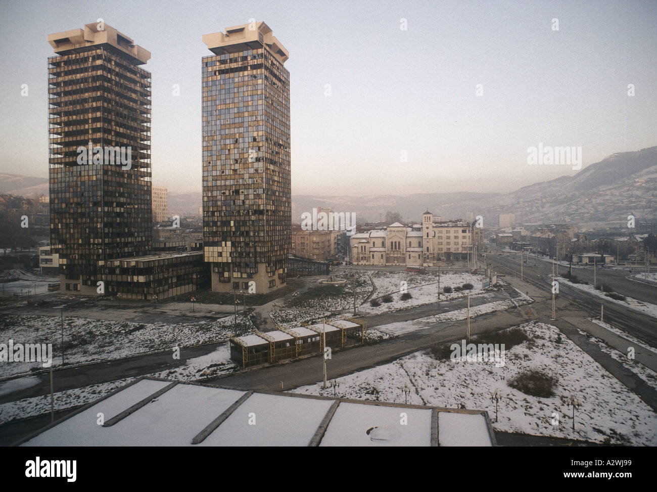 Landscape showing the ruined Unis Towers from the holiday inn 300 yards 91m from the front line sarajevo 1994 Stock Photo