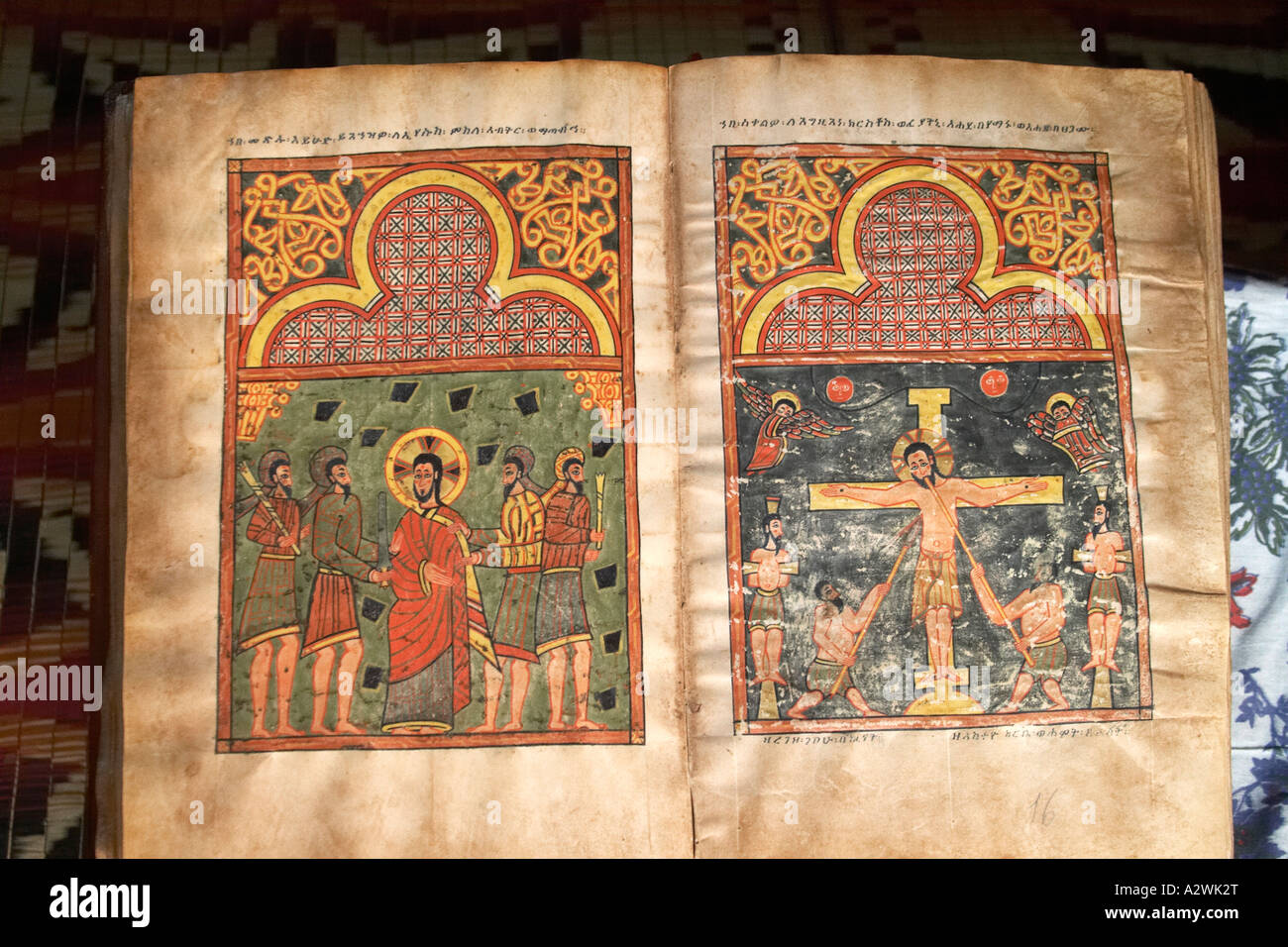 Crucifixion and burial of Jesus scenes in old 1555 illuminated